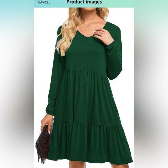 Women's Casual Fall V-Neck Long Sleeve Tiered Dress Cotton with pockets - Picture 2 of 3